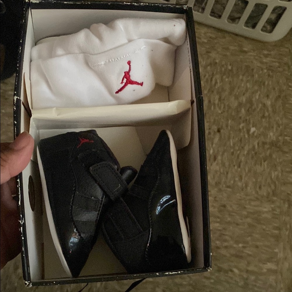 Black Baby Shoes with Red Logo retro 11s jordan’s booties size 3c baby